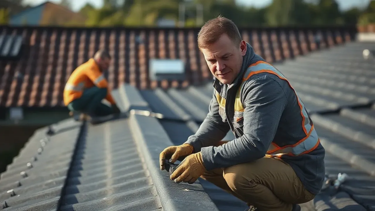 Two professionals working on EPDM rubber roofing near Leatherhead